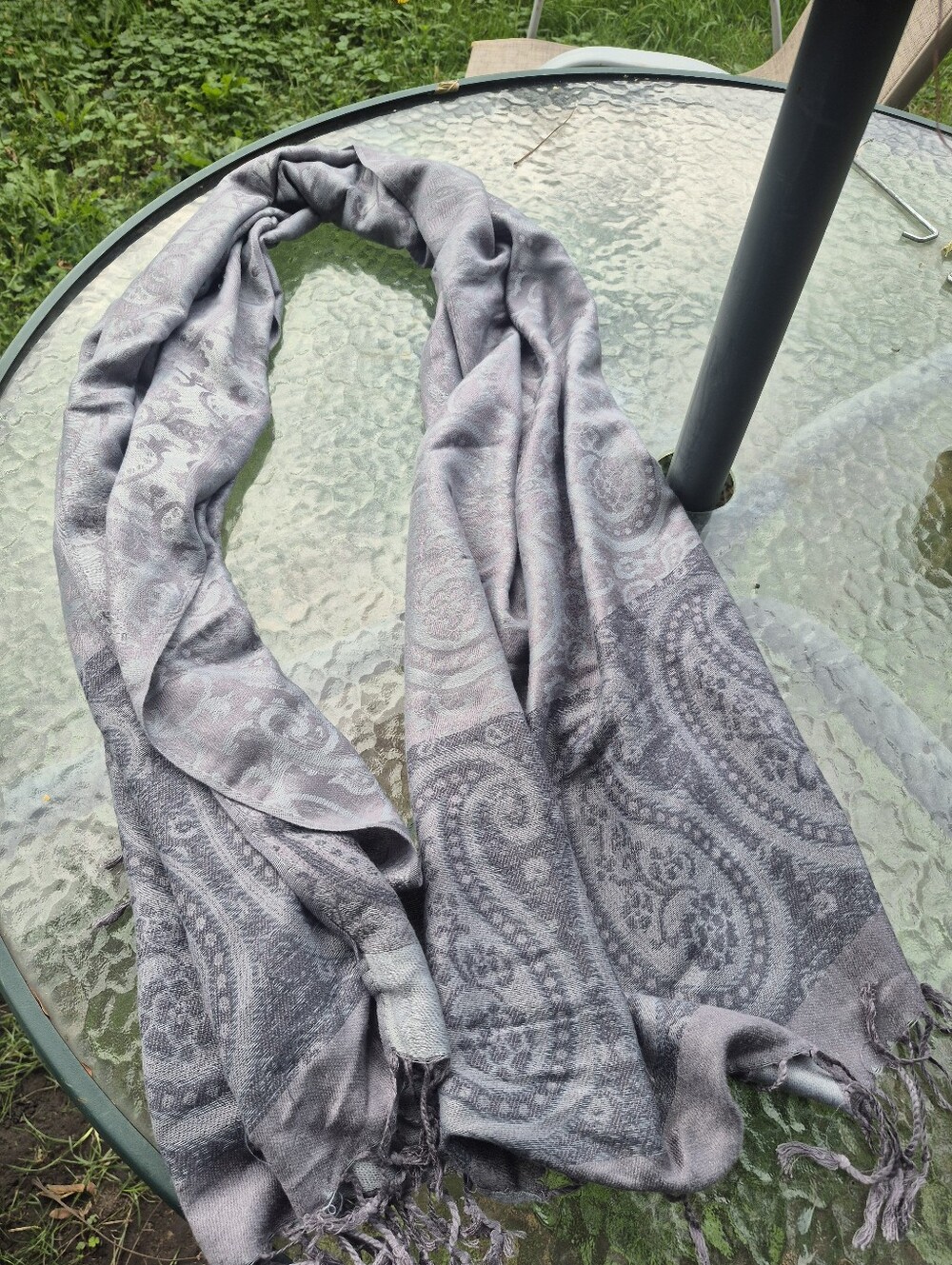 100% Pashmina Gray Paisley Fringe Wrap Scarf